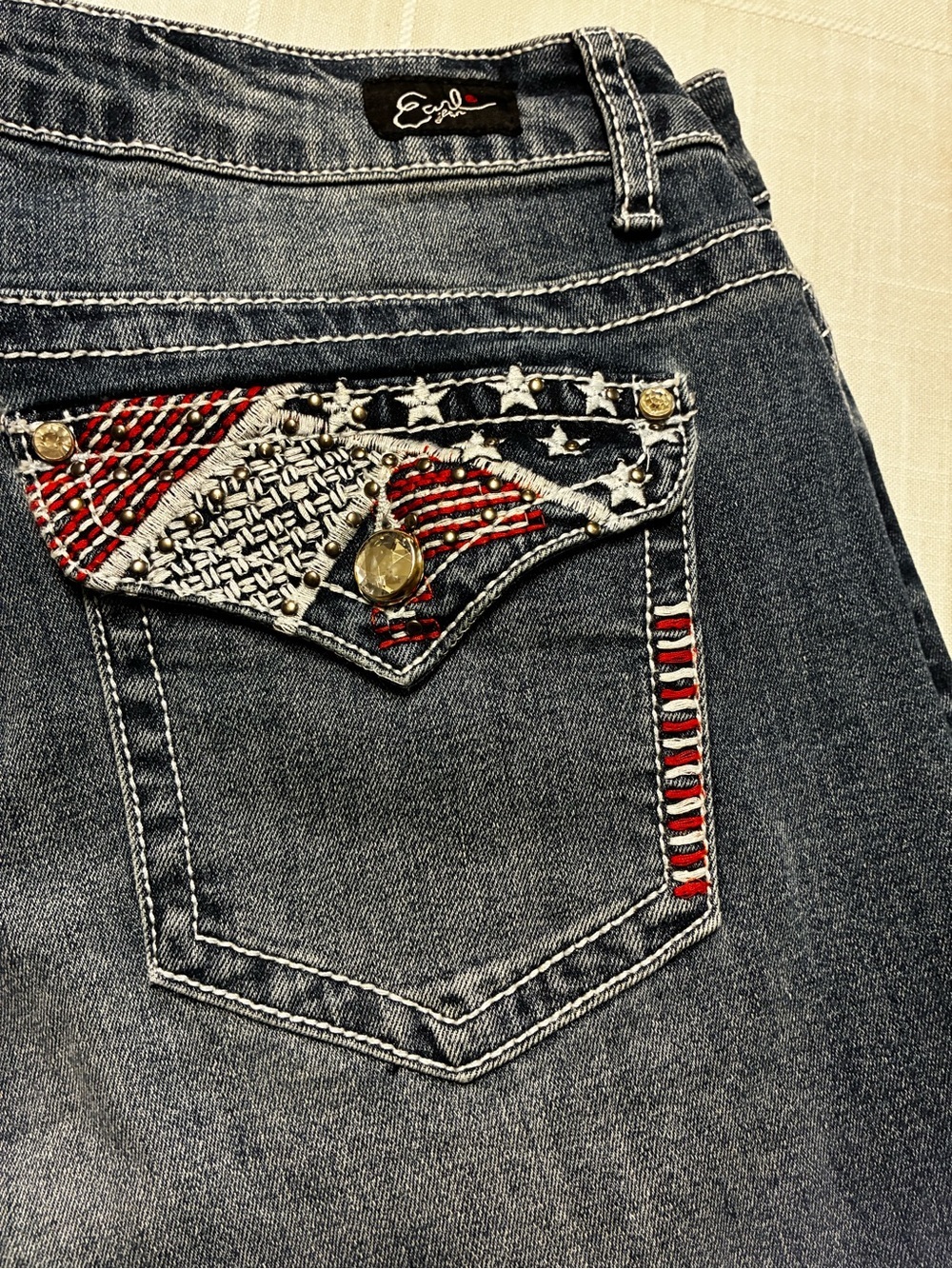 Earl Jeans Dark Wash Boyfriend Jeans with Red, White & Navy Pocket Accents - Picture 2 of 8